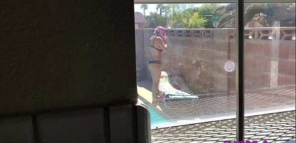 Peeping tom catches babe tanning naked